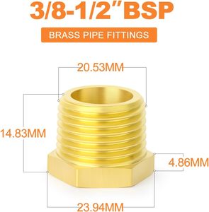 Reductor de Latón con Conexión Hexagonal, Rosca Macho BSP de 3/8 Pulgadas x Rosca Hembra BSP de 1/2 Pulgada, Accesorio para Tuberías con Adaptadores de Rosca de Latón - Product Image 2