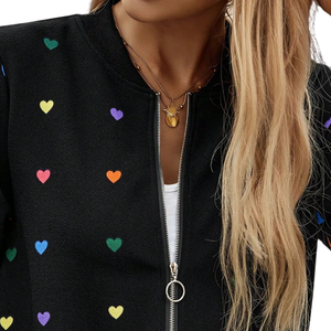 Women's Heart Print Bomber <b>Jacket</b> Casual <b>Zip</b>-<b>Up</b> Long Sleeve Lightweight Windproof Shearling Lining Ribbed Cuff Neck Winter - Product Image 4