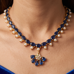 Magnifique collier et boucles d'oreilles en saphir bleu et perles, plaqué or, certifié IGI, pour femme, coffret cadeau de mariage ou de fiançailles, 29,30g - Product Image 6