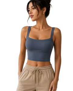 Top Corto Azul con Cuello Cuadrado para Mujer, Sin Mangas, de Algodón y Elastano, Elástico, para Fitness, Yoga, Casual, Verano, Diseño Personalizado - Product Image 1
