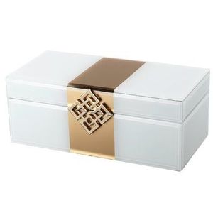 Boîte de rangement pour bijoux en verre blanc ivoire avec accent géométrique doré, finition brillante, doublure douce, organisateur décoratif pour souvenirs - Product Image 1