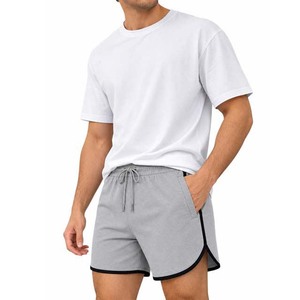 Shorts en coton gris pour homme avec bande latérale noire, taille à cordon de serrage, short de sport décontracté - Product Image 5
