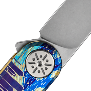 Navajas Plegables Azules, Amarillas, Moradas y Plateadas con Diseño Artístico de Paisaje Urbano, Hoja con Acabado Satinado y Clip Metálico para Uso Diario - Product Image 5