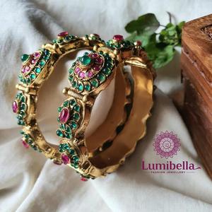 Green Kada <b>Bangles</b> 2x6-Gold Plated <b>Copper</b> & Brass Ethnic Bracelets with Pearl Bezel Setting - Product Image 3