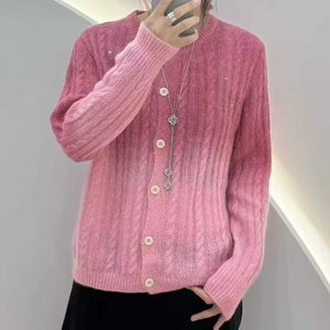 Autumn Winter Korean Solid Color O-Neck Twist Cable Thick Wool <b>Cardigan</b> <b>Sweater</b> Tops Women's Clothing - Product Image 2