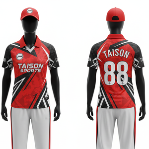 Women <b>Cricket</b> Jersey 160GSM Breathable Polyester Moisture Wicking Red Black <b>White</b> Diagonal Panel Sublimation Logo <b>Cricket</b> Jersey - Product Image 1