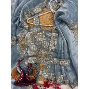 ผ้าซิฟฟอนดีไซน์เนอร์สำหรับงานปาร์ตี้ ปักลายด้วยลูกปัดและขอบลูกไม้ - Product Image 2