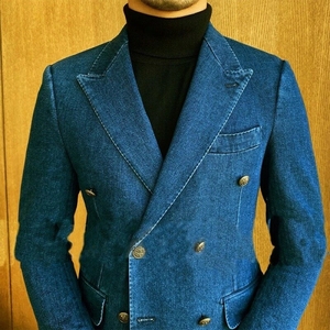 Blazer en denim bleu pour homme, coupe ajustée, veste décontractée à double boutonnage avec fermeture à boutons, coton tissé, couleur unie, style automne - Product Image 6