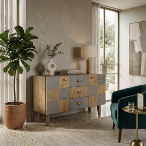 Aparador Moderno de Madera con Patrón de Bloques en Tablero de Ajedrez, Cajones de Roble Gris, Gabinetes con Tiradores de Latón, Muebles para Sala de Estar/Hogar - Product Image 3