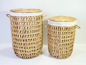 Round Circle Big Laundry Water Hyacinth Seagrass <b>Basket</b> with <b>Linen</b> Cloth Inside Premium Quality Organizer - Product Image 1