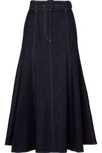 Jupe midi plissée en jean taille haute pour femme, coupe trapèze, unie, décontractée, en coton tissé, style ample, printemps - Product Image 3