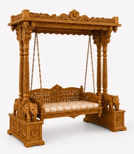 Jhula de madera de teca tallada a mano Maharaja con base de elefante, Oonjal de madera de teca de élite para interiores con pilares dobles tallados, Jhoola para el hogar - Product Image 2