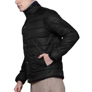 Men's Black Puffer Jacket Stand Collar Button Closure Casual Winter Outerwear Slim Fit Polyester <b>Wadding</b> Regular Length - Product Image 1