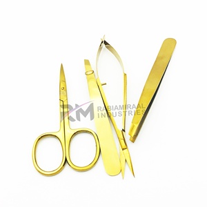 RMI Matt Tweezer Full Gold Plasma Color Angle Point Eyebrow Tweezer And Spring Scissor And Cuticle Scissor Set - Product Image 1