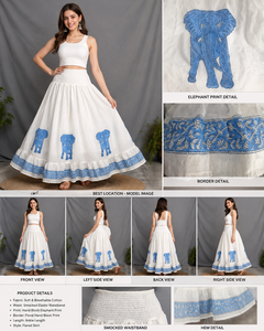 Jupe longue en coton imprimée à la main de Jaipur, taille smockée, volants, style bohème décontracté, imprimé éléphant, vente en gros - Product Image 4