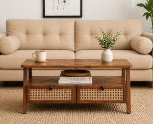 Table basse rectangulaire en bois de Sheesham de qualité supérieure avec centre en rotin, quatre tiroirs de rangement, table centrale moderne pour salon - Product Image 2