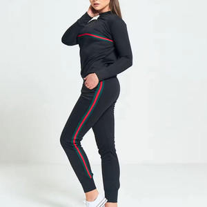 Women Tracksuit Set <b>Black</b> Long Sleeve Crew Neck Striped Design Side Pockets Casual Autumn Wear Spandex Polyester Material - Product Image 3