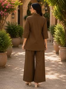 Conjunto de Kurti y Palazzo de Algodón Marrón con Bordado a Mano, Estilo Informal Holgado para Mujer, Ropa de Verano, Estilo India-Pakistán - Product Image 4