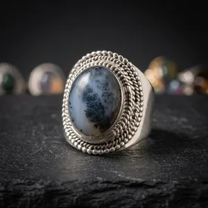 Bague en argent sterling 925 avec agate dendritique naturelle, faite à la main, style vintage bohème, bijou fantaisie avec pierre précieuse, unisexe, pour tous les jours - Product Image 2