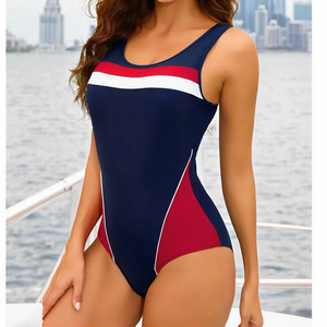 Maillot de bain une pièce femme, color block, taille haute, bandeau, contraste, extensible, séchage rapide, coupe haute, vêtement de plage, logo avant - Product Image 5
