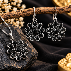 ARTS JEWELS Oxidiertes Silber Onyx Böhmisches Blumen-Schmuckset für Frauen |   Großhandel Mengenrabatt |   Direktvertrieb ab Werk OEM ODM Maßanfertigung - Product Image 5