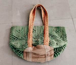 <b>Beaded</b> Geometric Eco-Friendly Jute Tote Bag Women Casual Shoulder Strap Bohemian Beach Open Top Two Handles - Product Image 4