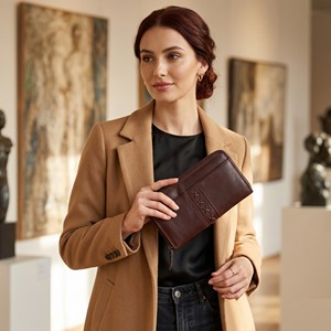 Portefeuille-pochette en cuir véritable pour femme avec protection RFID et grande capacité de rangement pour cartes, sac à main design pour femmes - Product Image 4