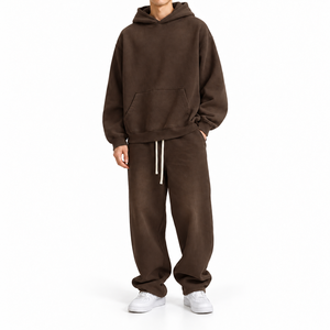 Ensemble sweat-shirt et pantalon de survêtement pour homme, coupe ample, marron uni, 2 pièces, tenue décontractée streetwear - Product Image 1