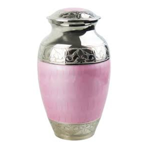Urne funéraire artisanale en laiton massif pour adulte, finition élégante en émail rose clair avec motif floral gravé en nickel argenté - Product Image 1