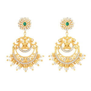 Laxmi Vintage Chandelier Drop Earrings with Jade Pearl Diamond Moissanite Zircon Gold Plated Alloy Women's Wedding Jewelry - Product Image 2