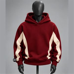 Sweat-shirt à capuche rouge pour homme, tendance, avec logo personnalisé, manches color block crème, coupe classique, décontracté, pour l'automne, en molleton tricoté - Product Image 1