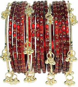 Gold Plated Glass Kashmiri <b>Bangles</b> with Emerald Cut Pearl Detailing Trendy Bridal & Wedding Occasion Wear - Product Image 1