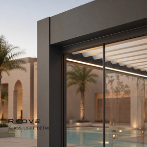 Pérgola de aluminio con lamas ajustables RKOVE RK-S3 con paneles de vidrio corredizos e iluminación LED cálida, pérgola de aluminio motorizada - Product Image 2