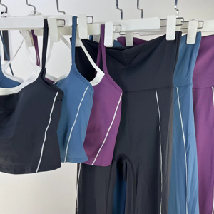 Conjunto de Yoga sin Costuras de 2 Piezas, Top Corto de Cintura Alta y Pantalones Largos, Color Sólido con Tirantes en Contraste, Ropa Deportiva para Mujer - Product Image 5