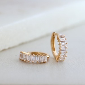 10K 14K <b>Solid</b> Yellow <b>Gold</b> Baguette Lab Grown Diamond <b>Huggie</b> Hoop Earrings Minimalist Elegant Jewelry Women Gift - Product Image 1