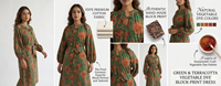 Robe longue formelle en coton écologique à imprimé floral, col montant, manches longues, coupe trapèze, motif imprimé à la main, avec poches latérales pour femme