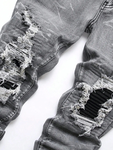กางเกงยีนส์ทรงสกินนี่ขาดๆ เซอร์ๆ สไตล์ New Jeans สำหรับผู้ชาย กางเกงยีนส์เดนิมทรงเข้ารูปยืดได้ แต่งดีเทลขาดๆ สำหรับผู้ชาย - Product Image 4