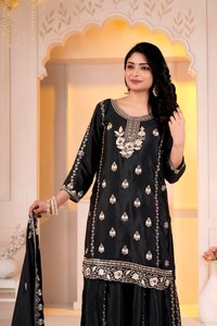 Conjunto de Salwar Kameez Reversible Negro Bordado y Elástico, Kurti de Terciopelo, Palazzo y Dupatta, Traje Tradicional Indio-Pakistaní para - Product Image 2
