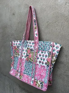 Handmade Large Cotton Tote <b>Bag</b> for Women <b>Patchwork</b> Quilted Design Block Print Zip for Beach Shopping Travel Personalised Gift - Product Image 3