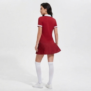 Vestido de tenis rojo para mujer con cuello blanco y cremallera, falda plisada de manga corta, ropa deportiva de verano de secado rápido - Product Image 4