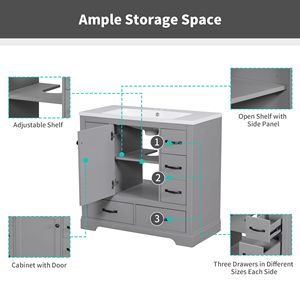 Mobile Bagno Multifunzionale da 36 Pollici con Lavabo, Sei Cassetti e Ripiano Regolabile, Solo Base Grigia - Product Image 4