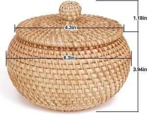 Panier de rangement rond en rotin naturel fait main avec couvercle, écologique, en osier tressé, pour bonbons, bijoux, ou comme boîte de décoration intérieure - Product Image 2