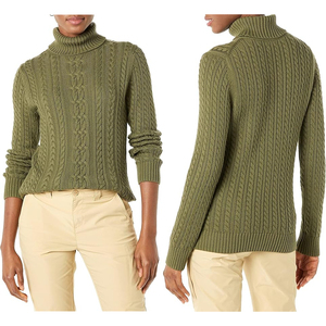 Women's Olive Green Turtleneck Pullover Sweater 100% Wool Cable Knit Full Sleeve Thick Winter Casual Style - Product Image 5
