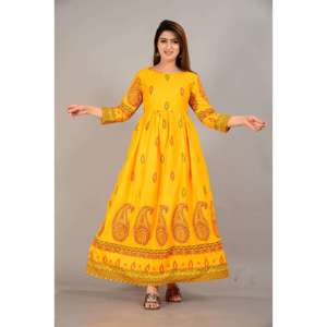Traje Salwar Amarillo con Estampado Paisley de Algodón, Manga Tres Cuartos, Secado Rápido, Estilo Moderno, Largo hasta el Suelo, Corte en A, para Mujer, al por Mayor - Product Image 5