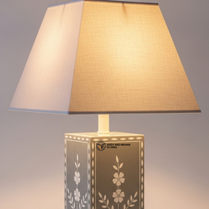 Lampe à incrustations osseuses de couleur neutre |   Lampe de chevet élégante avec abat-jour en tissu - Product Image 2