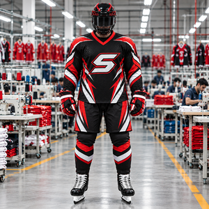Conjunto de Jersey de Hockey sobre Hielo Unisex, 100% Poliéster, Secado Rápido, Nombre del Equipo Personalizado, Bloques de Color Negro, Rojo y Blanco, Manga Larga, Ropa Deportiva para Adultos - Product Image 1