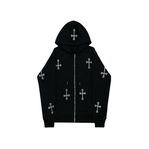 Custom <b>Rhinestone</b> Cross Zip Hoodie – Black Streetwear Hoodie with Crystal Cross Design, Luxury Hip Hop <b>Jacket</b>, Unisex, OEM Logo - Product Image 1