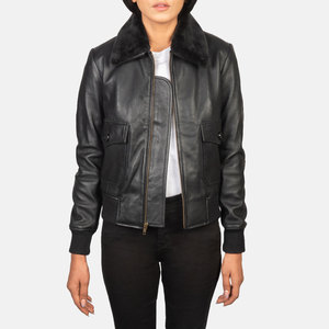 Blouson bomber en cuir véritable noir avec col en fourrure, fermeture éclair sur toute la longueur des manches, coupe classique, vêtement d'hiver - Product Image 3