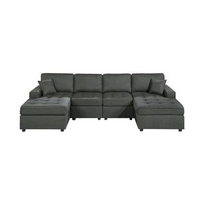 Set Divano Sezionale Tufted in Tessuto Dorris Nero Cenere Stile Contemporaneo Livi LAF RAF LAF con Chaise Longue e Sedie Senza Braccioli con Cuscini - Product Image 2