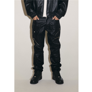 Pantalon cargo Y2K en molleton évasé à taille mi-haute pour homme, style hip-hop, en similicuir, avec cordon de serrage et revers, idéal pour l'hiver - Product Image 5